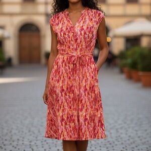 SUMMER DRESS. SIZE L. STELLA & JULIE SLEEVELESS DRESS, COLLARED NECK. WAIST BELT